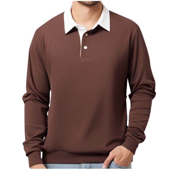 Aimik Hanes Up to 65% off Clearance Men's Knit Polo Shirts Long Sleeve Button Down Ribbed Textured Casual Slim Fit Golf Polo T Shirts-Brown XXL