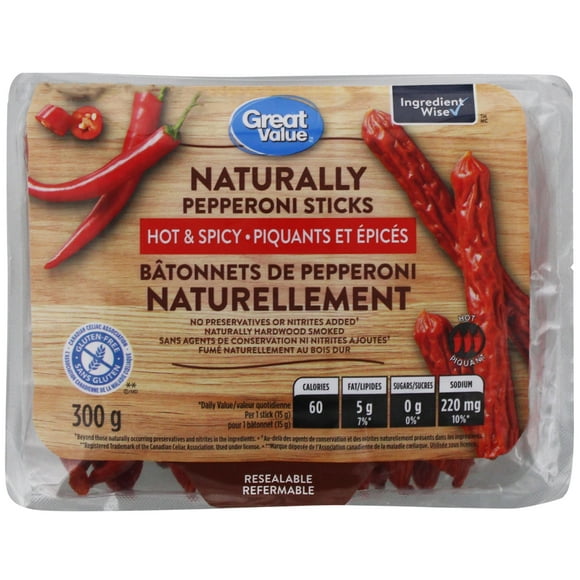Great Value Naturally Hot & Spicy Pepperoni Sticks, 300 g