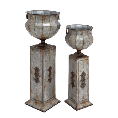 Iron Urn - DecMode Rustic Iron Pedestal Urn Planters, Set of Two, 34