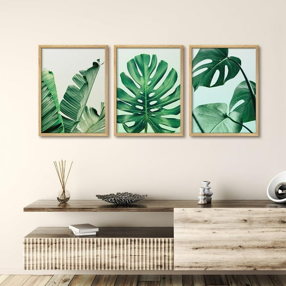 PixonSign Framed Wall Art Green Tropical Jungle Forest Plant Posters, Set of 3 Plam Leaves Illustrations Minimalist Wall Decor, Adhesive Canvas Prints for Home Decor - 11"x14" Natural