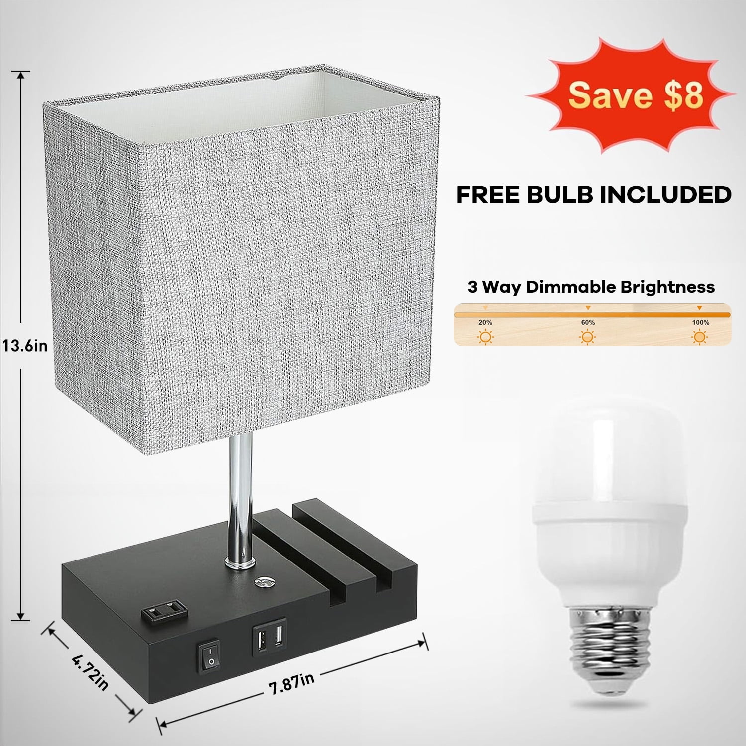 Bedside Table Lamp for Bedroom, Brochao Nightstand Lamp with AC Outlet Port, 2 USB Charging Ports & 2 Phone Stands, 3 Way Dimmable Touch Lamp for Living Room, Dorm, Office