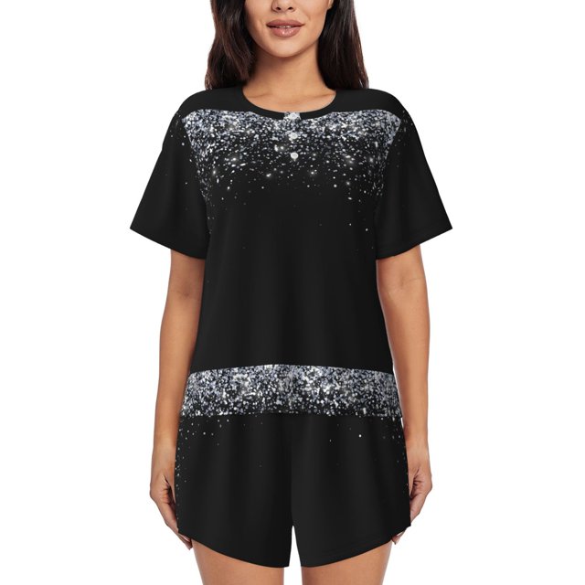Balery Silver Glitter1 Conjunto de Pijama para Mujer con Estampado, Dos Piezas de Manga Corta y Shorts, Ropa de Dormir Suave con Cuello Redondo y Bolsillos-Large