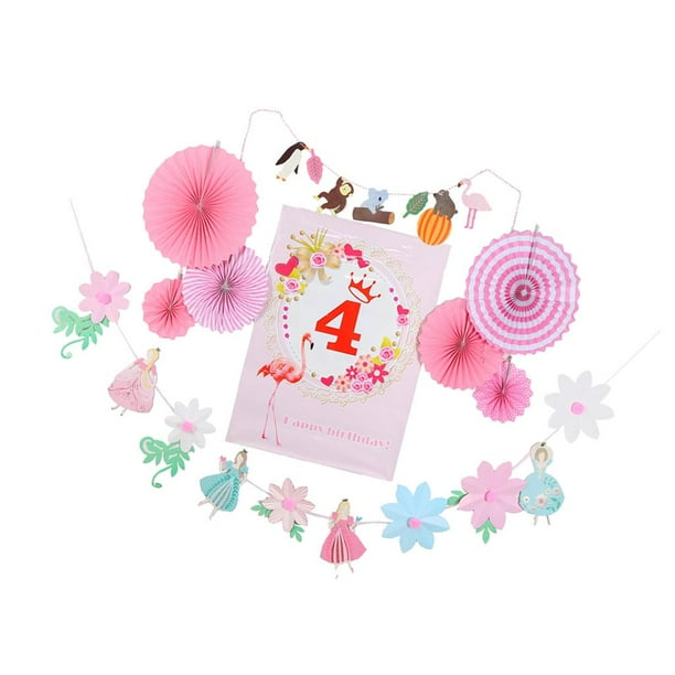 Número Felices Cumpleaños Carteles Papel Ventiladores Hadas Flores Banners Conjuntos 4 Soledad ventilador de papel conjunto de decoración de fiesta