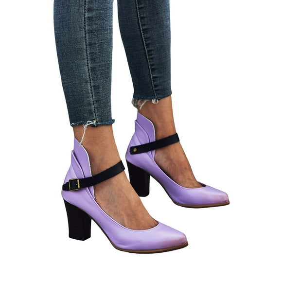 Dakaela Women's Mary Janes Block Heeled Pumps Closed Pointed Toe Ankle Strap Dress Wedding Shoes with Ankle Strap Purple Size 6