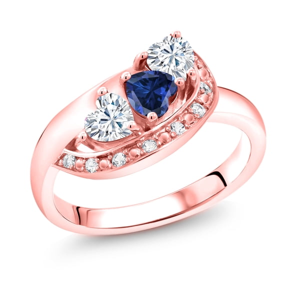 18K Rose Gold Plated Silver Blue Created Sapphire and White Moissanite and White Created Sapphire Engagement Ring for Women (1.02 Cttw, Gemstone September Birthstone, Heart Shape 4MM, Size 7)