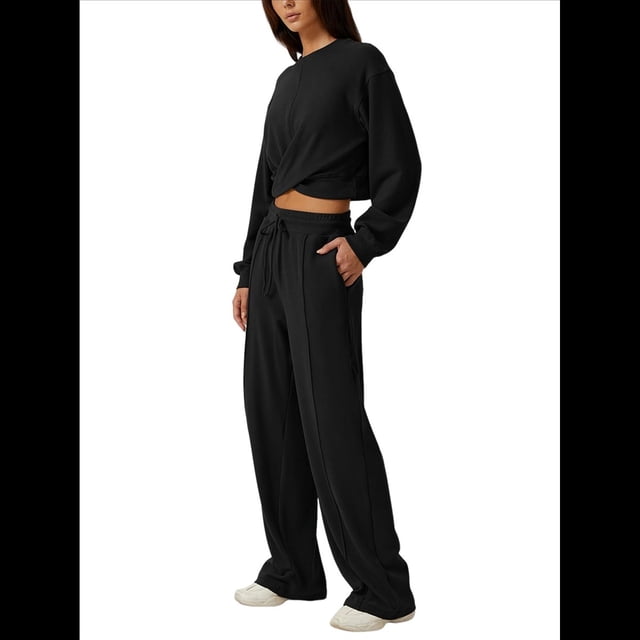 Conjunto de Chándal de 2 Piezas para Mujer: Sudadera Corta con Parte Delantera y Pantalón Deportivo de Pierna . Conjunto de Estar por Casa. Negro L