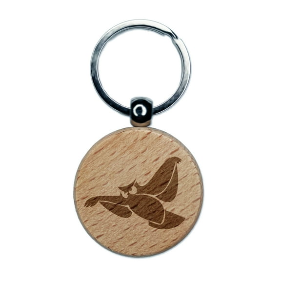 Owl Flying Bird Doodle Round Keychain Charm Tag - Engraved Wood
