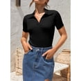 thumbnail image 4 of Women's Short Sleeve V Neck T Shirts 2024 Summer Knit Slim Fitted Basic Solid Color Tee Tops, 4 of 6
