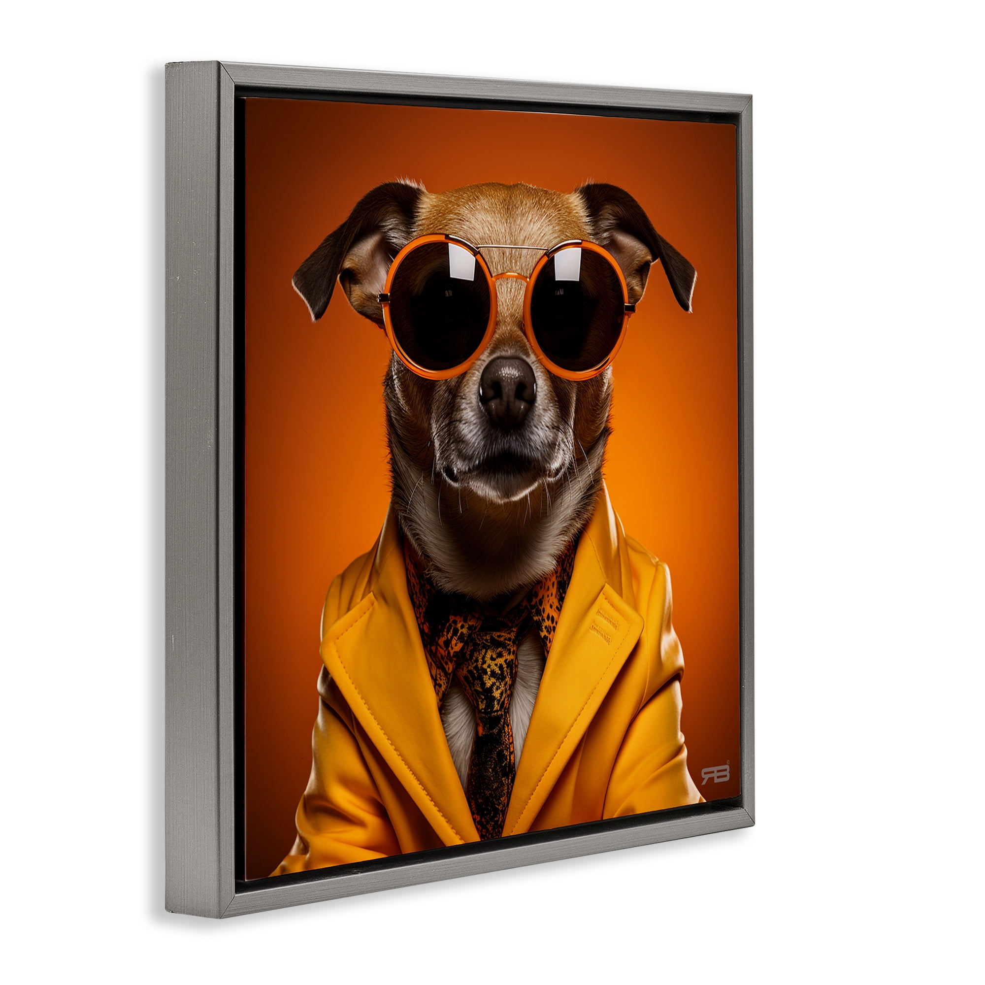 Stupell Industries Trendy Dog Yellow Suit Animals & Insects Painting Gray Floater Framed Canvas Art Print Wall Art, 25 x 25