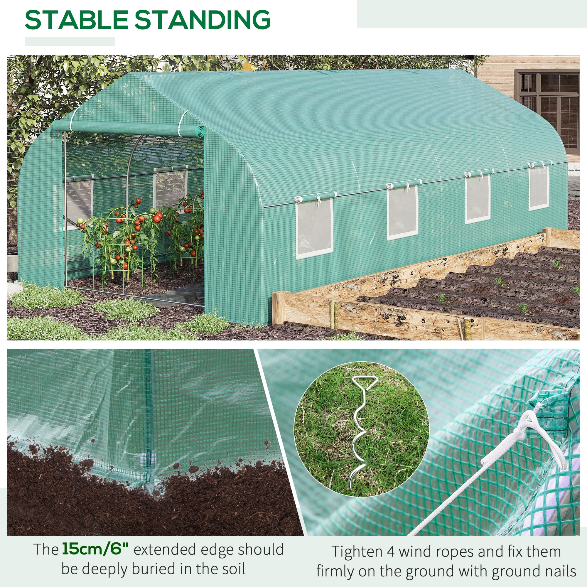 Outsunny 19.5' x 10' x 7' Outdoor Walk-In Tunnel Greenhouse Hot House with Roll-up Windows, Zippered Door, PE Cover, Green