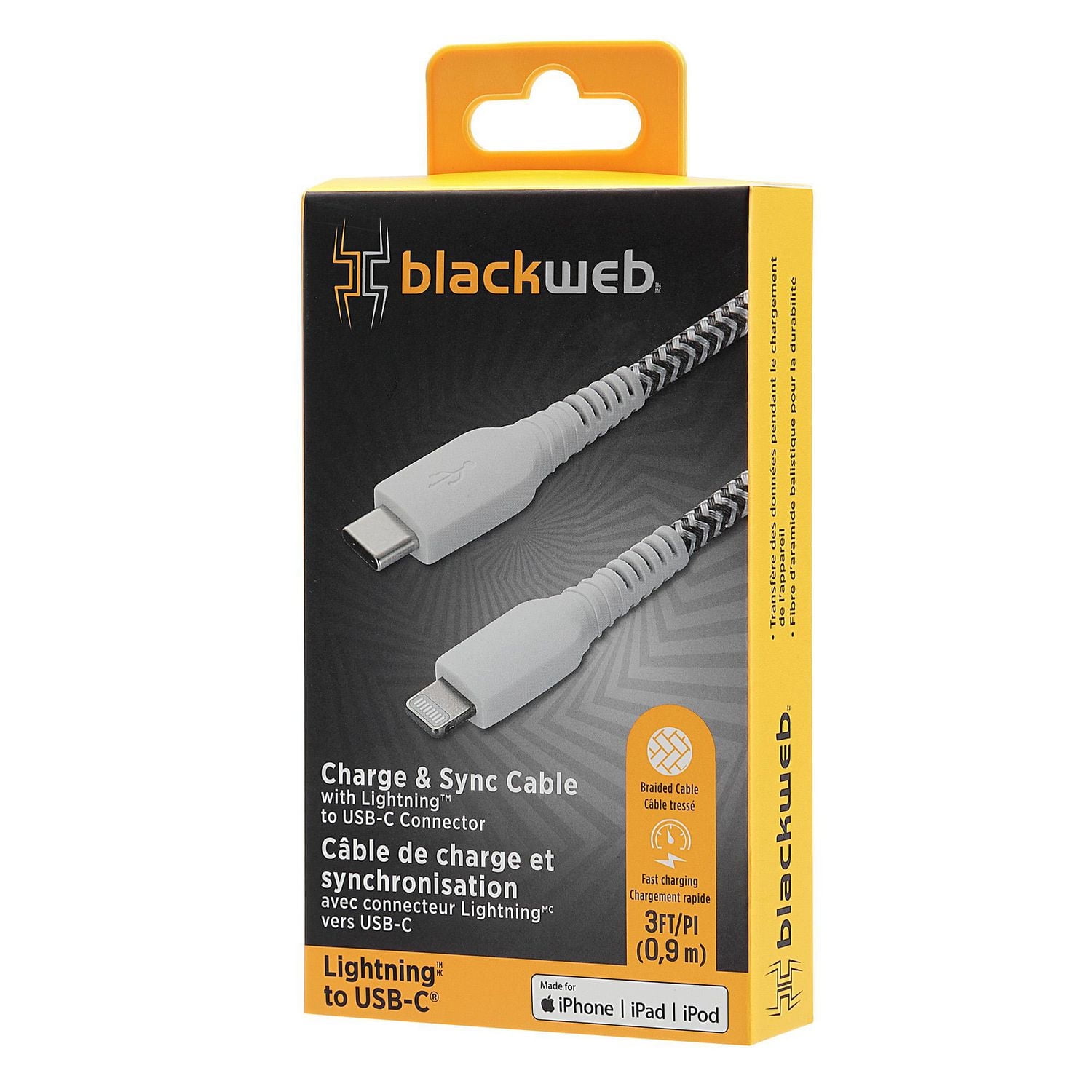 blackweb 6 FT Lightning to USB-C Charge and Sync Cable with Durable Braided Cable (White)