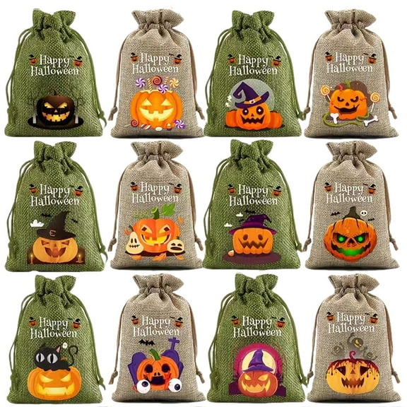 Circles 24 Pcs Burlap Drawstring Gift Bags, Trick or Treat Candy Pouches for Halloween Party Favor Decorations