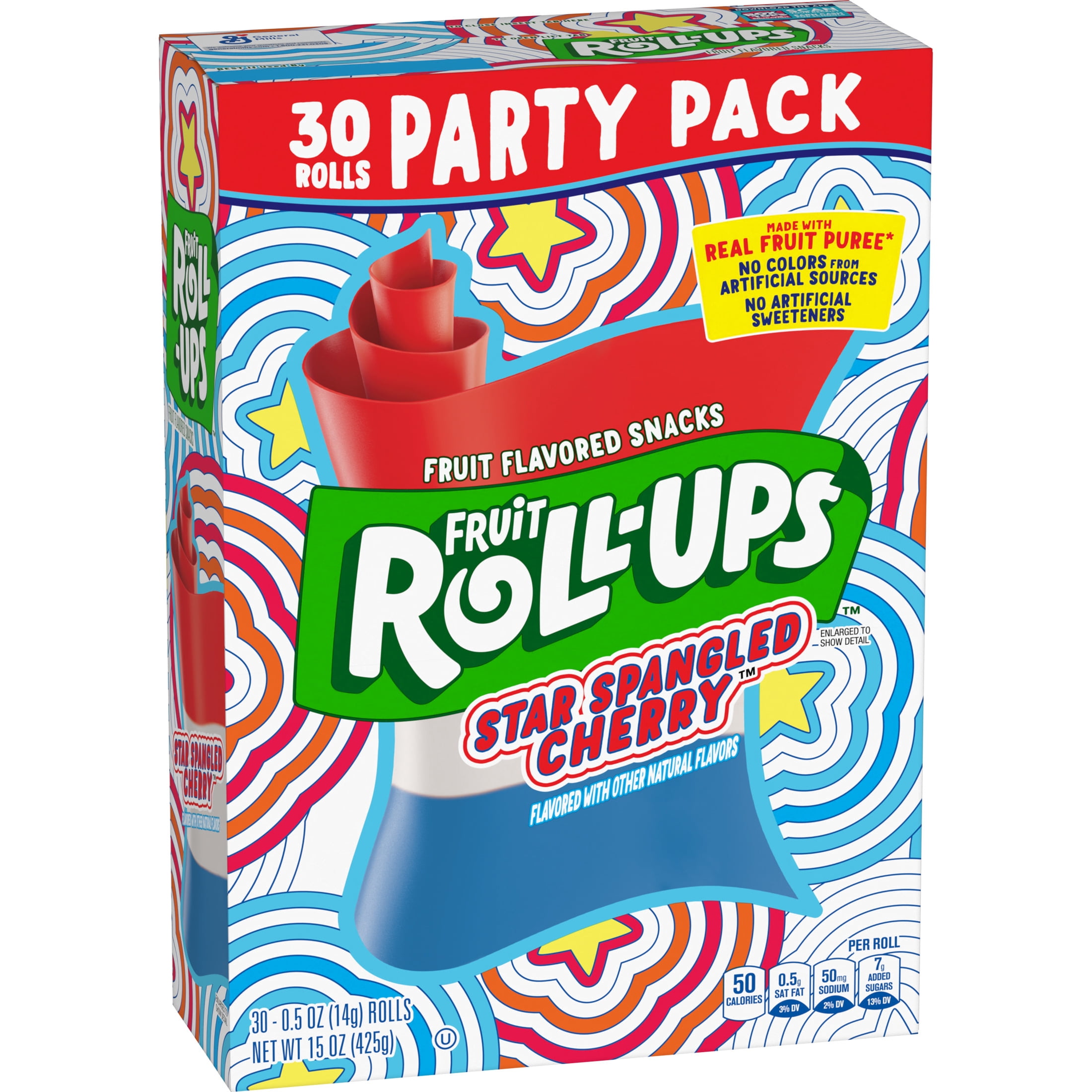 Fruit Roll-Ups Fruit Flavored Snacks, Star Spangled Cherry, Party Pack, 30 Count, 15 oz