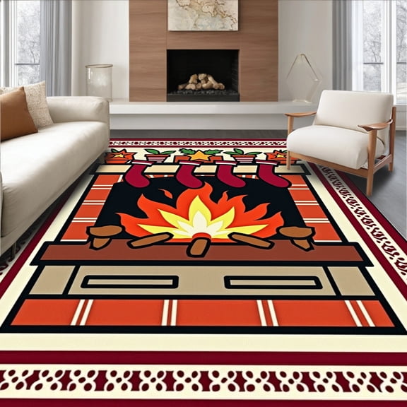 ODIKA 4'x6' Machine Washable Non-Slip Area Rug, Fireplace Hearth with Stockings Holiday Themed High Traffic Rug, Red, 606115
