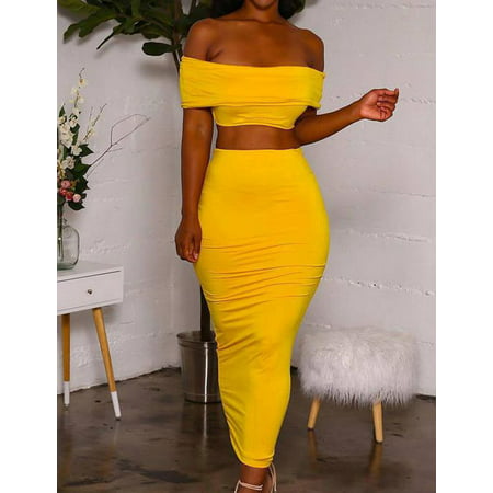Fancyleo 2019 Women New Fashion Off Shoulder Crop Top And Slim Package Hip Skirt Suit Sexy Two Piece Wrap Chest Bodycon