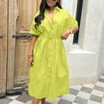 thumbnail image 3 of Oplxuo Womens Summer Beach 2025 Casual Midi Dresses V Neck Collared Short Sleeve Button Down Shirt Belted Dress with Pockets, 3 of 7