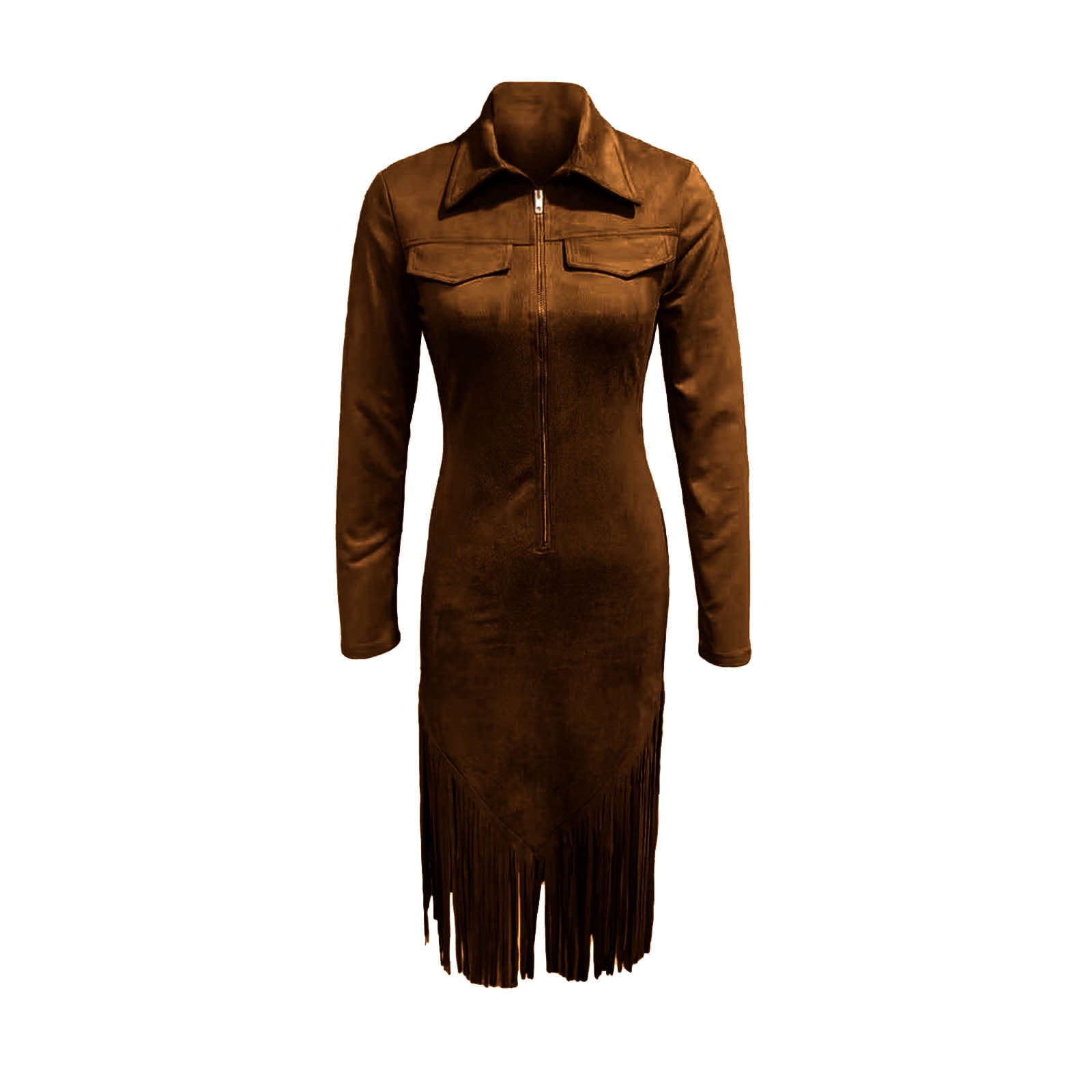 Women Western Suede Midi Dress Lapel Zip Up Long Sleeve Tassel Hem Vintage Cowgirl Slim Fit Dresses