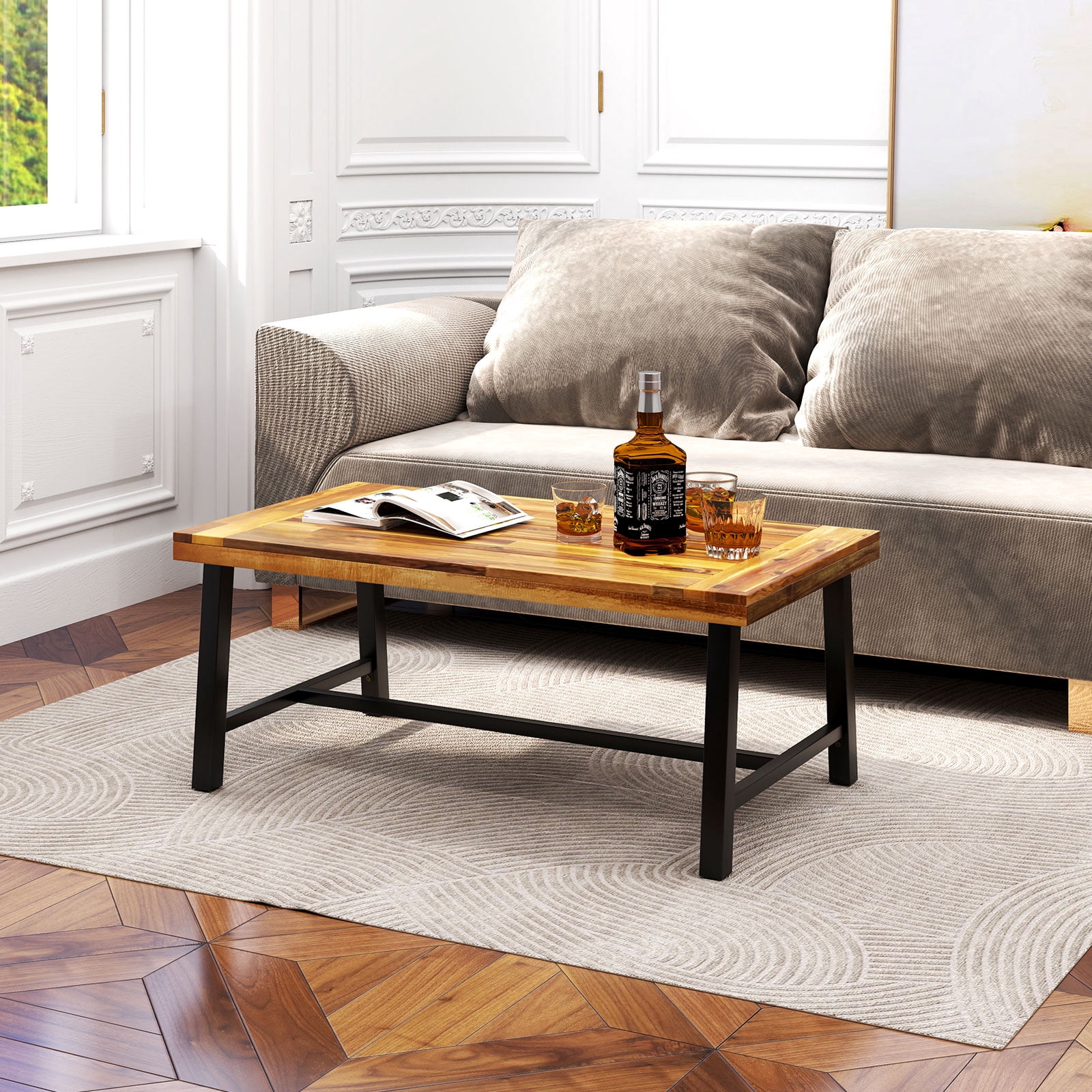 Gymax Acacia Wood Coffee Table Indoor Outdoor Rectangle Center Table w/ Thickened Top