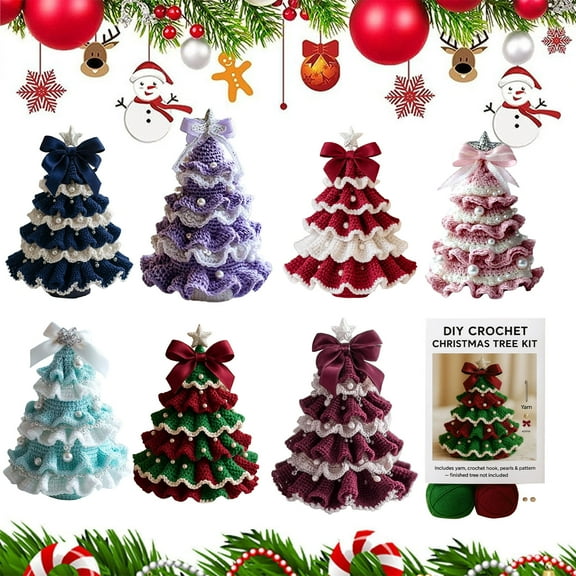 Handmade Crochet Christmas Tree DIY Xmas Tree Crochet Craft Starter Set with Bow And Faux Pearl for Beginners Knitting Holiday Decoration for Home Decor