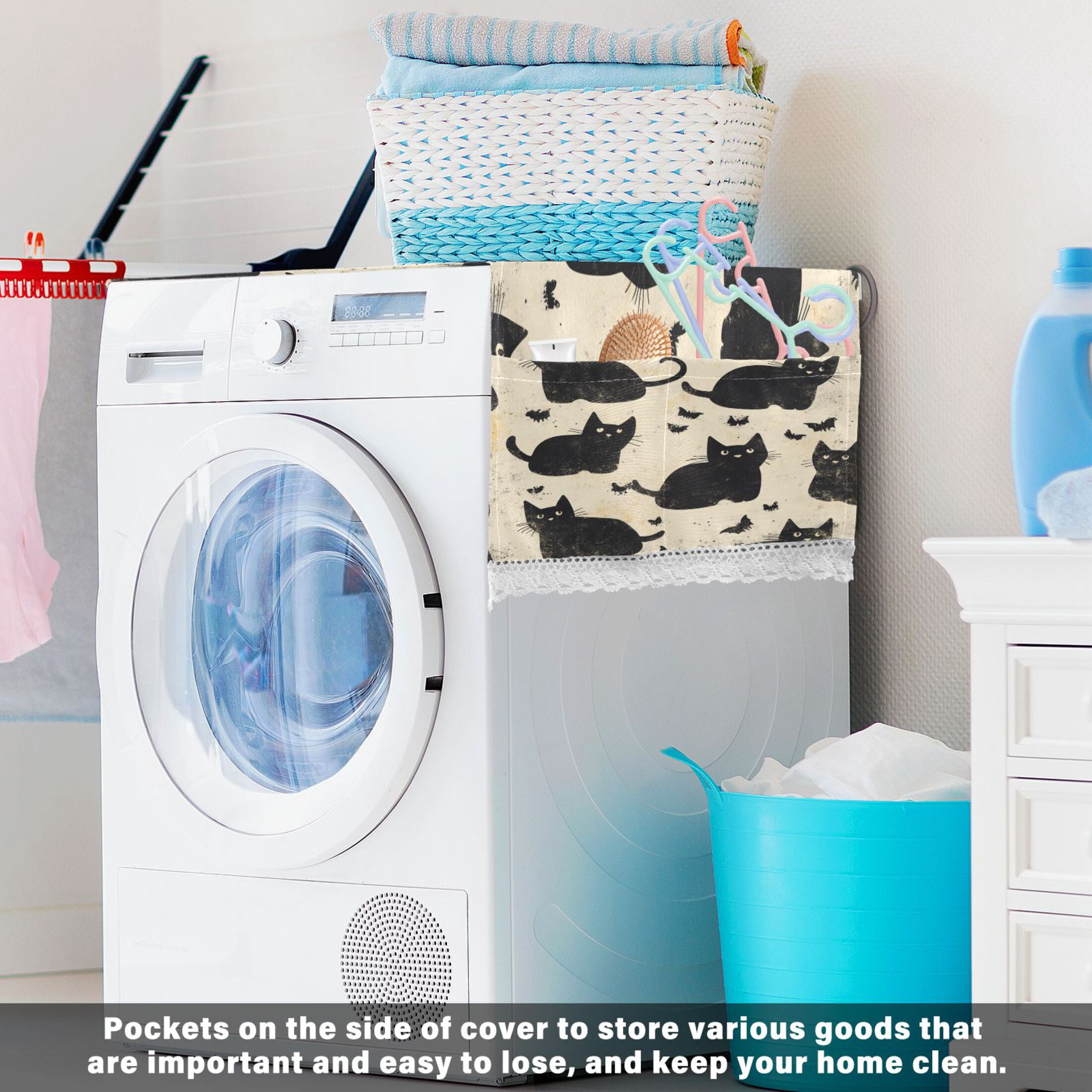 Black CatWasher and Dryer Covers Dust-Proof and Oil Resistant Fridge Cover with 4 Storage Pockets Washing Machine Top Cover for Laundry Kitchen Home 51.2 x 22 In