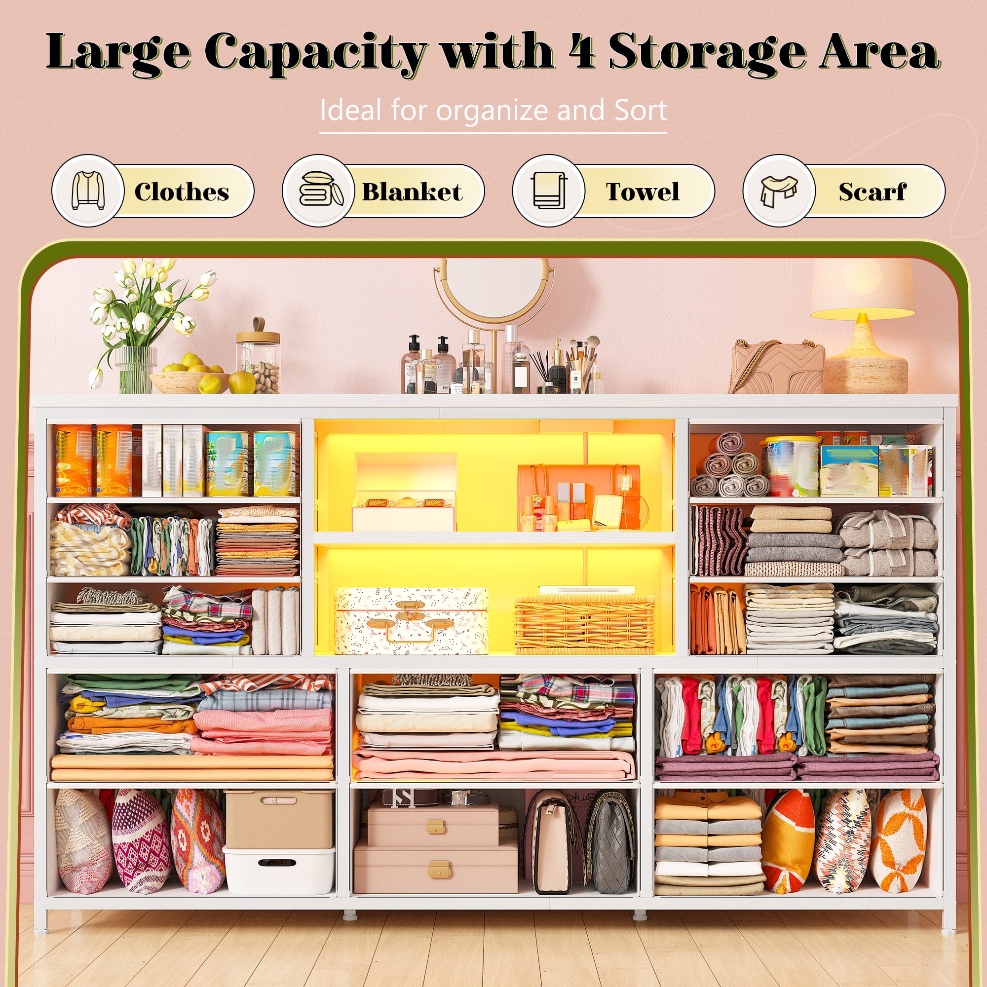 EnHomee White Dressers for Bedroom with LED Lights TV Stand with Power Outlet for 55'' TV with 12 Fabric Drawers