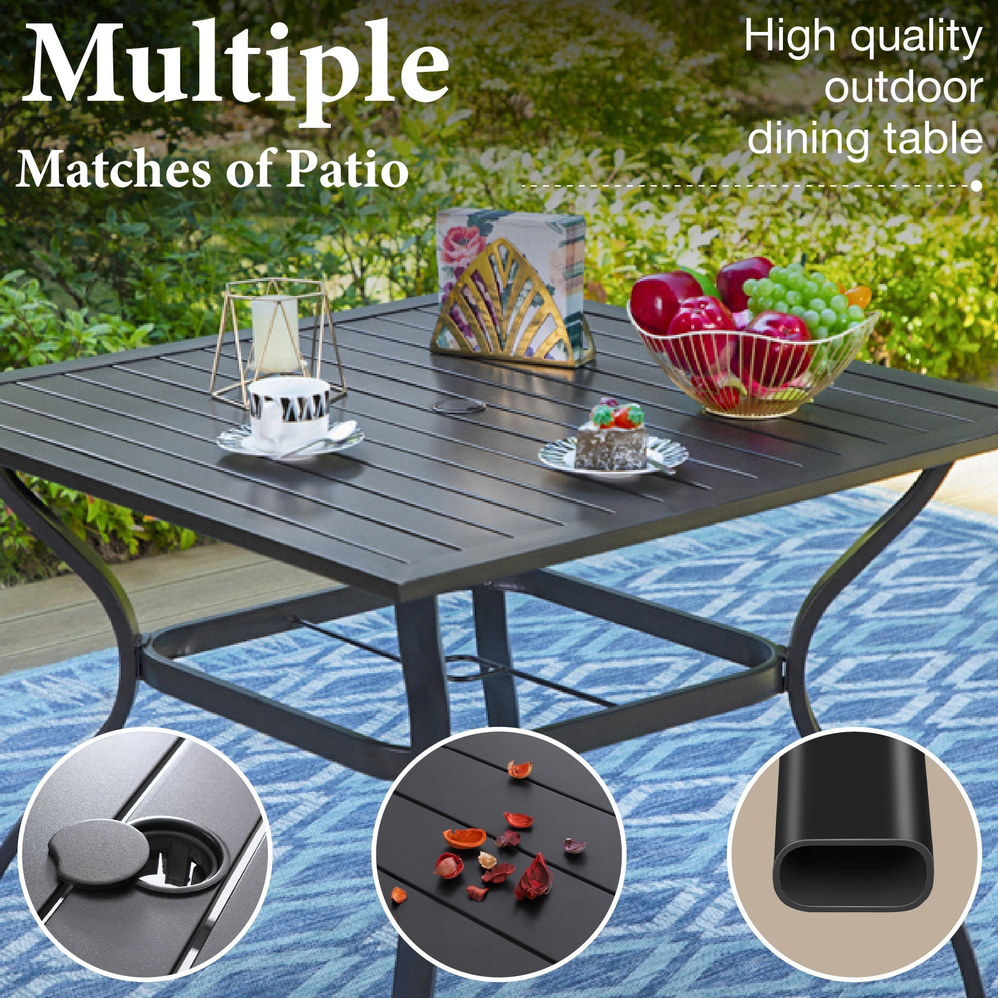 MF Studio 5-Piece Outdoor Patio Dining Set with 4 Wicker Cushioned Armchairs & 1 Square Table, Umbrella Support, Black & Dark Brown