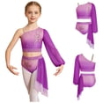 thumbnail image 3 of iiniim Girls Lyrical Dance Outfit One Shoulder Long Puff Sleeve Crop Top With Applique Asymmetrical Skirt Set Purple 10, 3 of 7