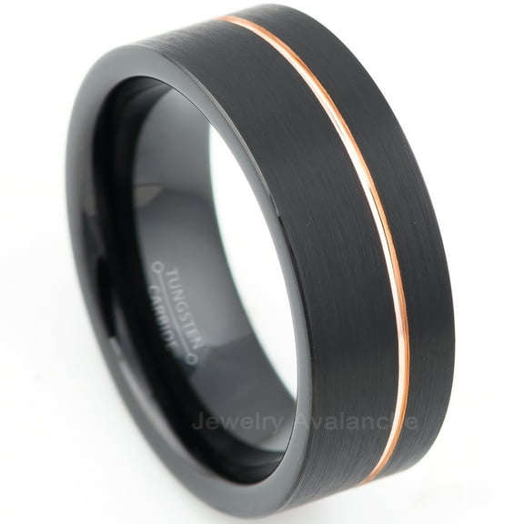 2-Tone Tungsten Wedding Ring - Band for Mens & Womens- 8mm Black IP Tungsten Ring - Pipe Cut Tungsten Band