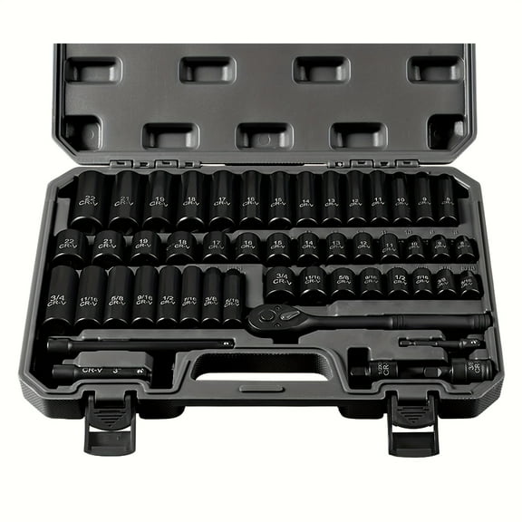 50pcs 3/8" Drive Socket Set - SAE (5/16"-3/4") & Metric (8mm-22mm) - Deep/Shallow Sockets, 72-Tooth Ratchet, Extensions, Adapters & Tool Box - Father's Day Gift