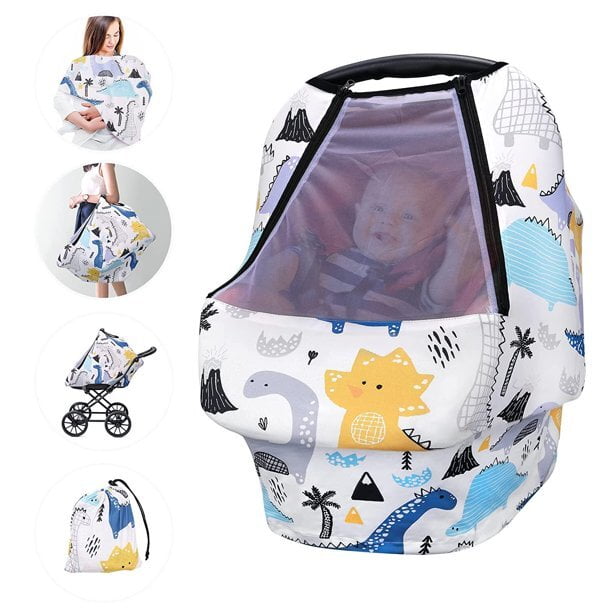 Car seat Covers for Babies boy Girl,Light Weight Muslin,Carseat Canopy for Newborn Infant Carrier,2 Layers Windows of Mesh/Fabric,Fit All Baby Car Seat,Dinosaur 