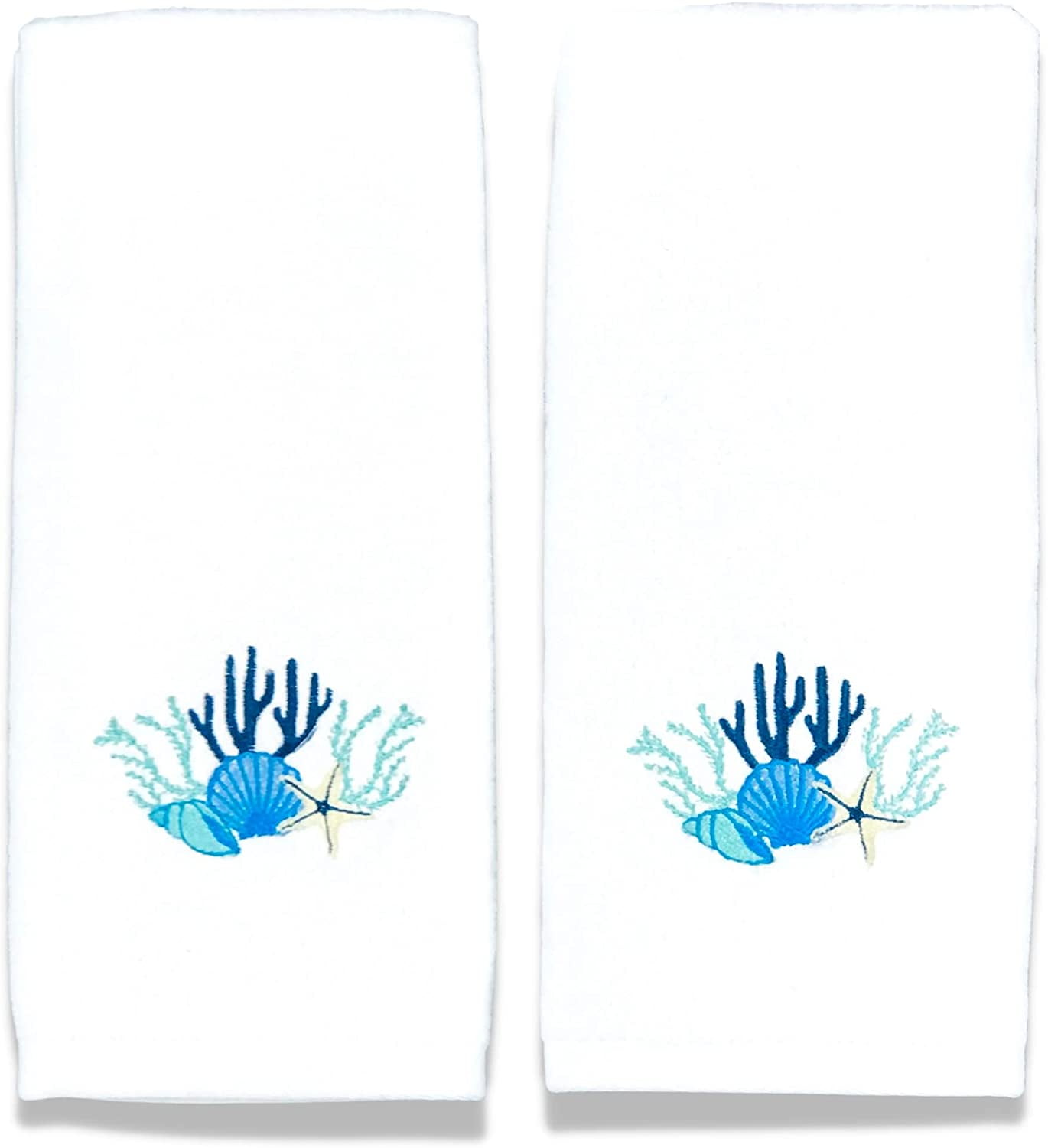 Hand Towels Shell Coral Embroidered Guest Bathroom Summer Beach House Set of 2 