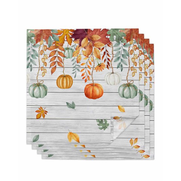 Fall Orange Green Pumpkins Cloth Napkins Set of 4 Reusable Dinner Napkins, Thanksgiving Maple Leaf Vintage Cocktail Napkin Washable Table Napkins for Wedding/Holiday Party/Baby Shower 20"x20"