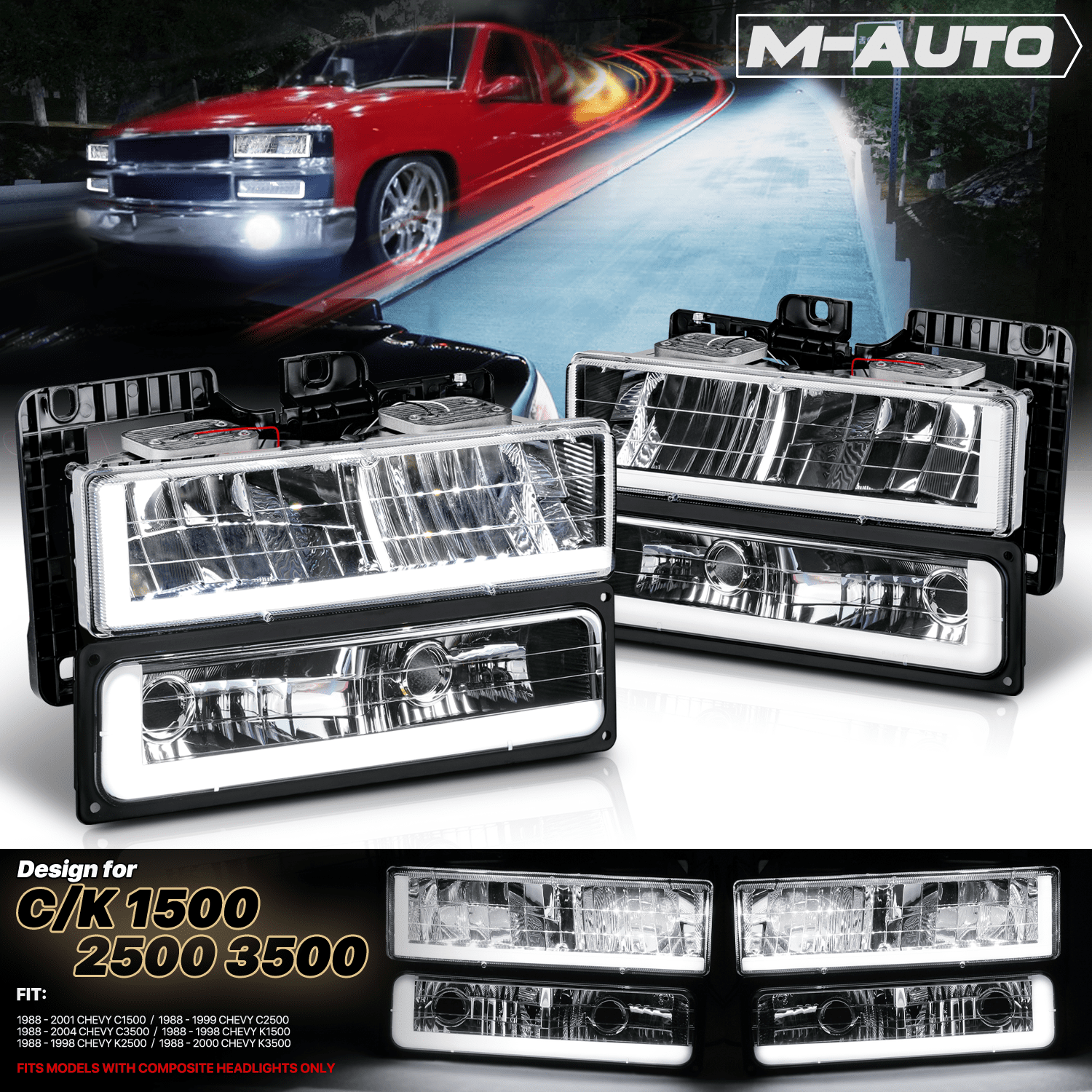 M-AUTO Switchback LED Tube DRL Headlights Assembly for 1988