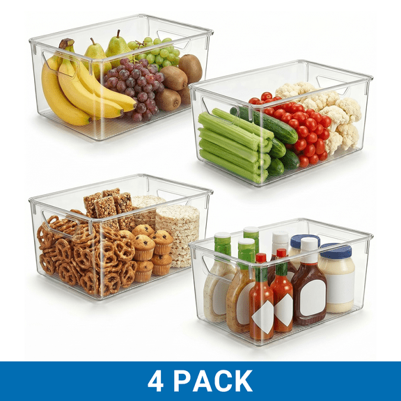 4 Pack Clear Stackable Storage Bins with Lids, Large Plastic Containers with Handles for Pantry, Fridge, Cabinet & Closet Organization