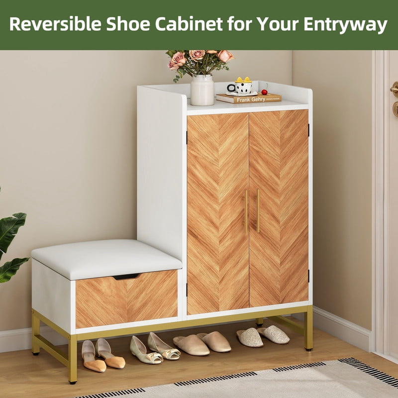 Uforic 4-Tier Shoe Storage Cabinet with Cushioned Bench, Modern Shoe Organizer for Entryway & Bedroom, White