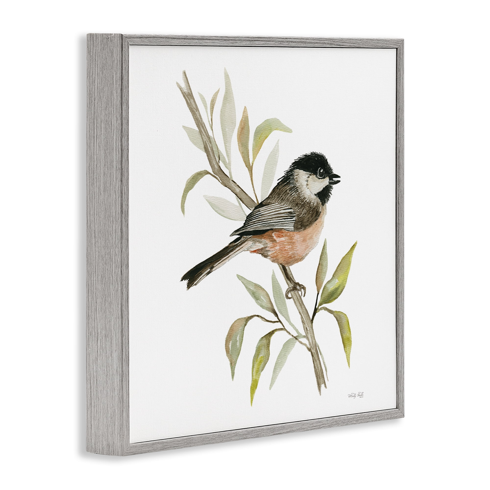 Stupell Industries Sparrow on Branch Animals & Insects Painting Gray Framed Art Print Wall Art, 12 x 12