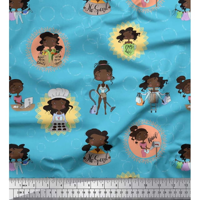 Soimoi Blue Rayon Fabric Circle,Cook & Working Girl Print Fabric by the Yard 56 Inch Wide