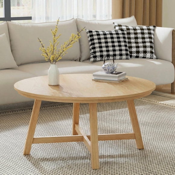 36 Inch Round Coffee Table, Modern Industrial Design with Wood Grain Surface and Sturdy Metal Legs, Adjustable Feet, Easy Assembly, for Living Room, Black Natural Gray Brown