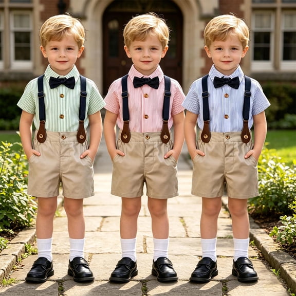 Baby Boys Gentleman Outfits Suits Shirt Shorts Bow Tie Suspenders