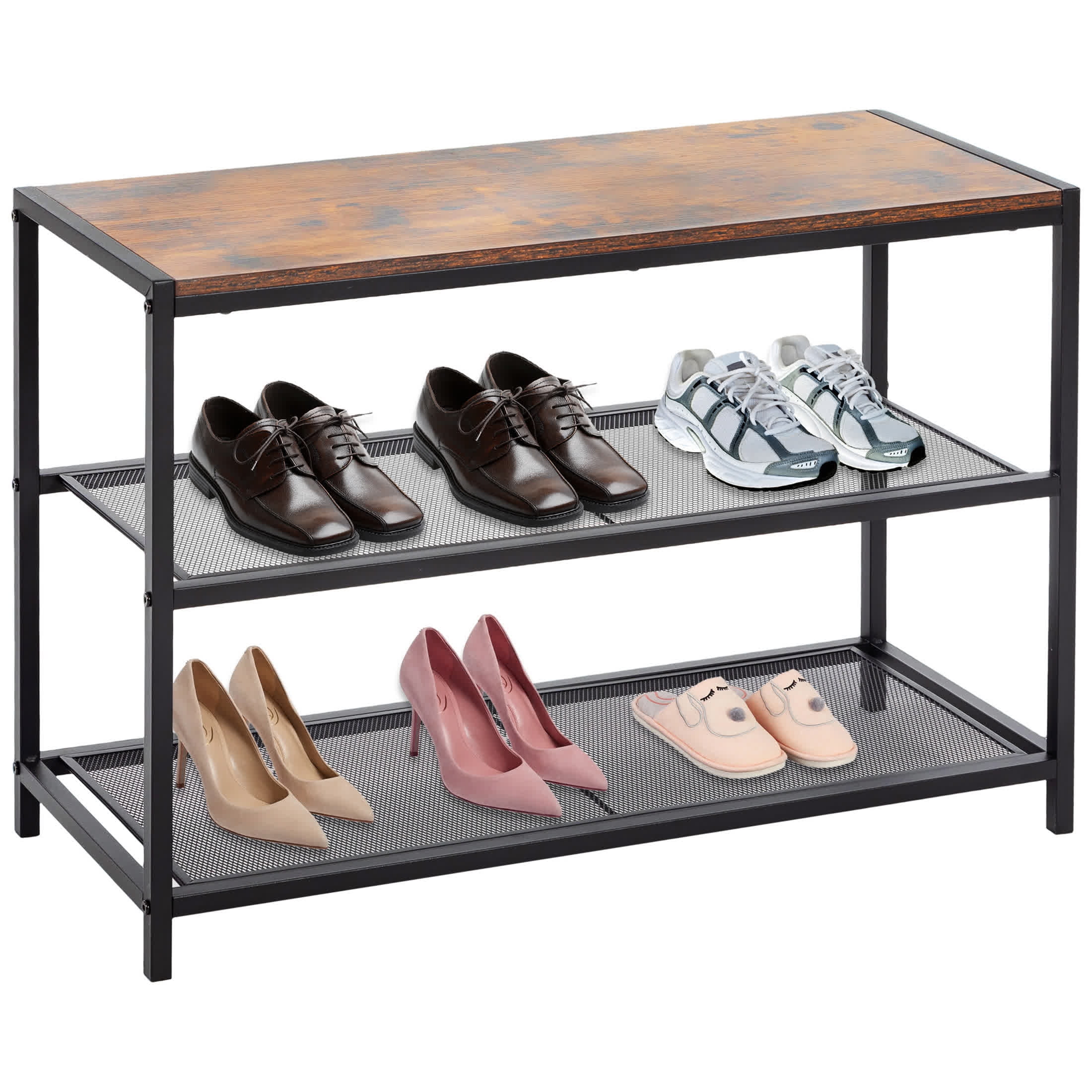edx Shoe Rack Bench, 3-Tier Industrial Shoe Storage Organizer, 28.3inches Entry Bench with Mesh Shelves for Living Room, Entryway, Rustic Brown