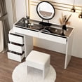 thumbnail image 3 of FAMAPY Modern Vanity Desk with Lighted Mirror & Glass Desktop, Makeup Vanity with Drawers, Makeup Desk Dressing Table, Round Edge, Cushion Stool, White, 3 of 8