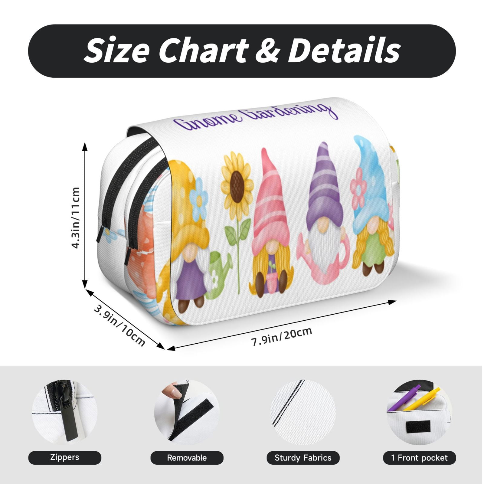 Rateoe Watercolor Gnome Garden Pattern Double Clamshell Pen Case, Storage Organizer with Two Zipper Compartments– Holds Up to 50 Pencils & Pens