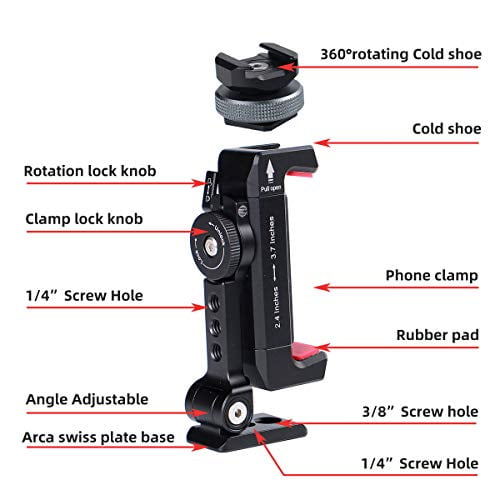Cell Phone Clamp Holder,Video Rig Mount Woohoto Metal Phone Tripod Mount with Cold Shoe 360 Rotated and Tilt Angles Version Compatible with iPhone Tripod Mount,Samsung Smartphone Clip Adapter