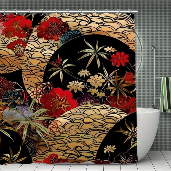 Gold Waves Flowers Print Shower Curtain,Modern Fabric Waterproof Shower Curtain Set with Hooks,70.8×70.8Inch