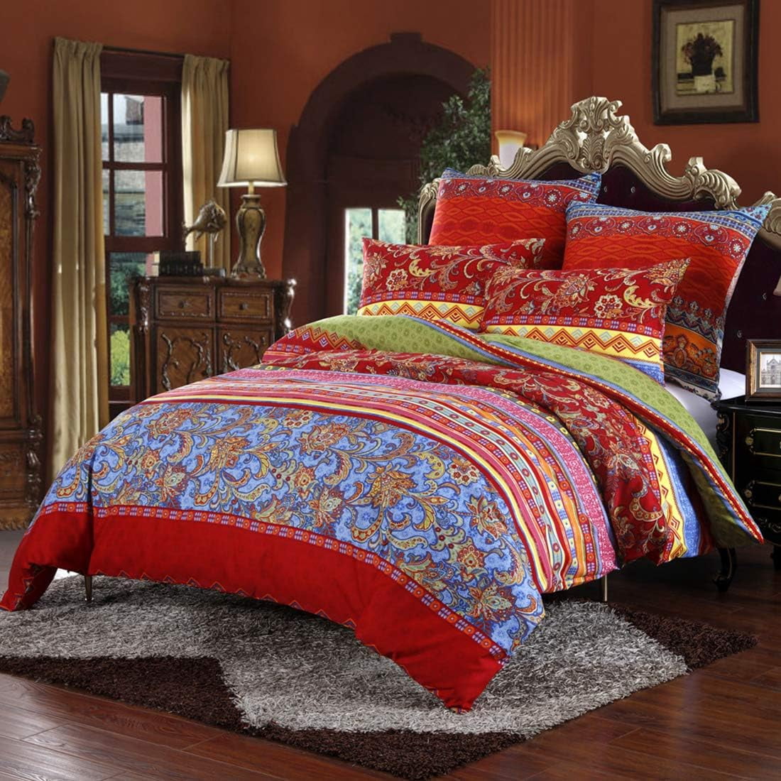 NAYOROOM Bohemian Boho Duvet Cover Set Twin Size,2 Pieces Retro Bohemian Mandala Striped Comforter Cover Sets, Colorful Red Blue