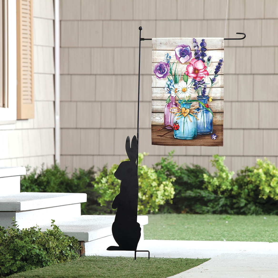 Bunny Silhouette Metal Garden Flag Pole Holder, Durable Waterproof Metal, Black Finish, Decorative Outdoor Décor, by Fox RiverTM Creations