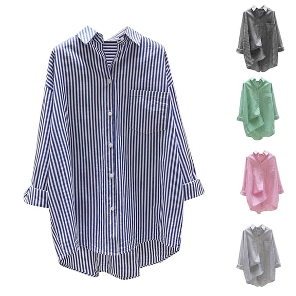 LOVZFMLL Women's Stripe Shirt Button Down V-Neck Long Sleeve Casual Tops Cardigan Outerwear for Spring & Fall Pullover