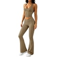 thumbnail image 2 of Athletic Outfit Sets 2 Piece Women Solid U Neck Racerback Crop Tank Cross Waist Flare Leggings Coffee M, 2 of 9
