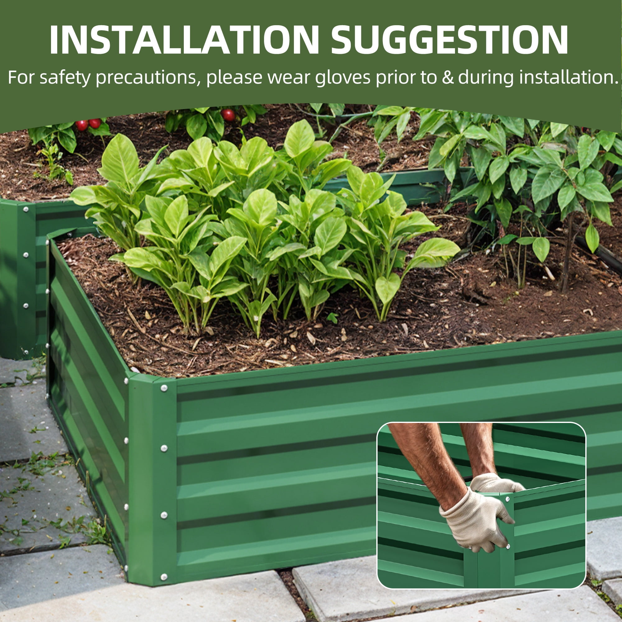 Uforic 2PCS 6X3X1FT Galvanized Metal Raised Garden Bed Kit with Gardening Gloves, Outdoor Large Planter Box for Vegetables Flowers Herbs Fruits, Green