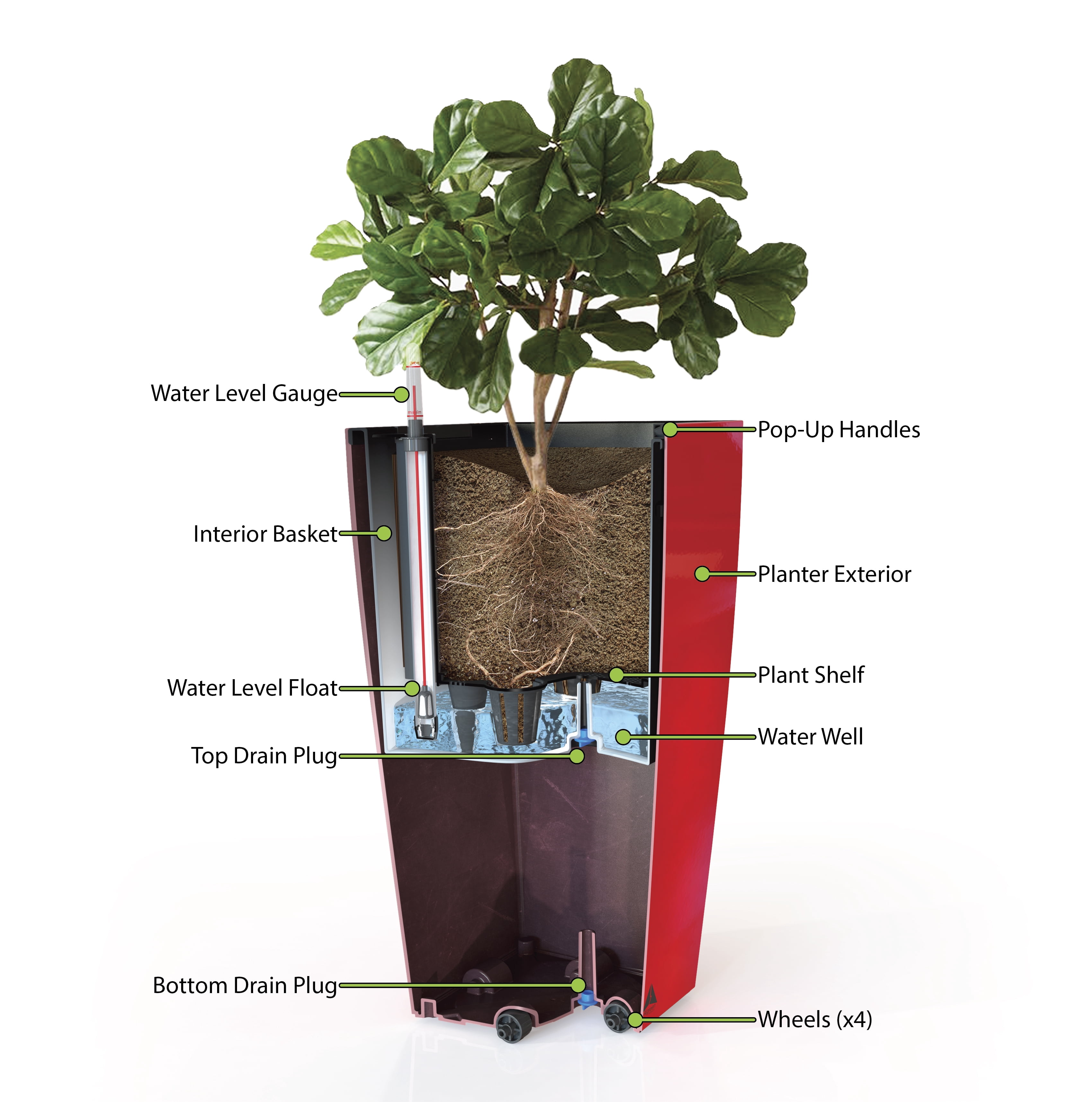 Algreen Modena 30" Self-Watering Planter, Square Taper, Gloss Red